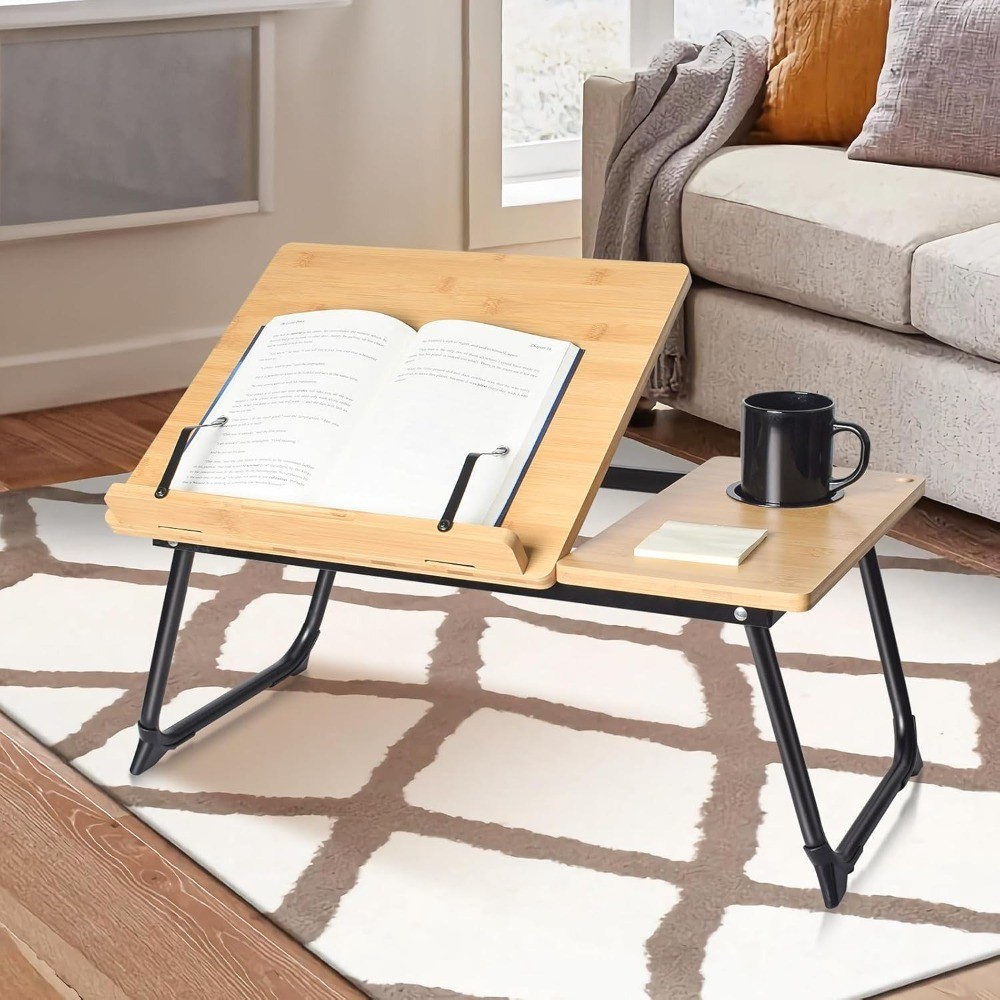 Adjustable Bamboo Book Stand Holder for Reading in Bed with Page Clips Multi