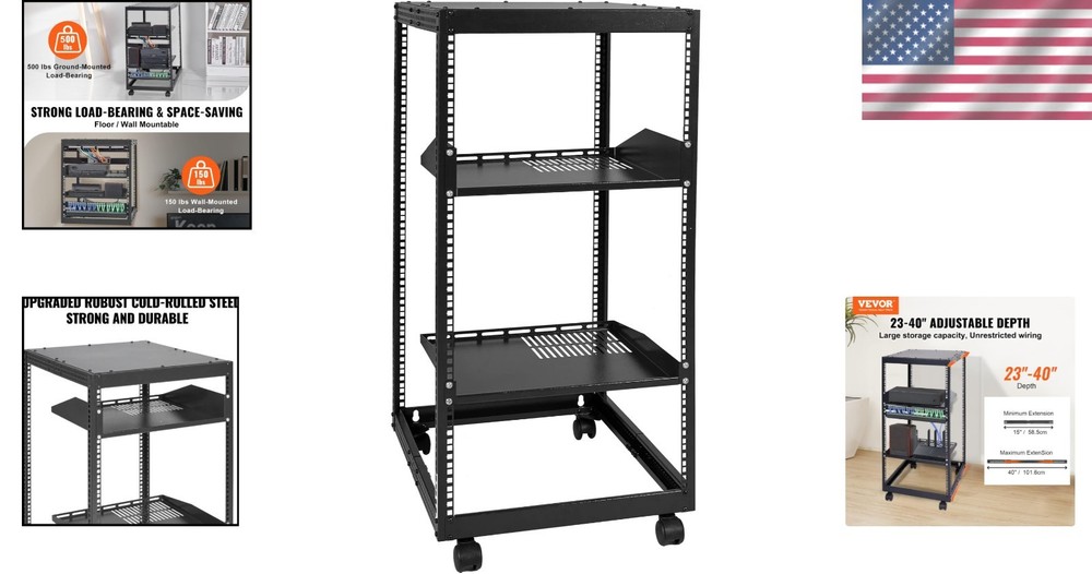 20U Adjustable Depth Server Rack, 23''-40'' - Wall/Mount Casters & Accessories