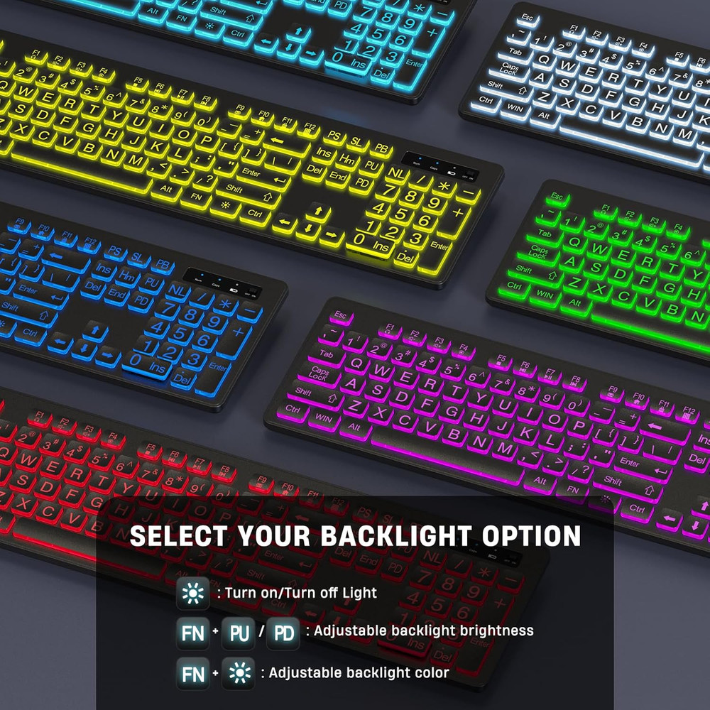 Large Print Wireless Keyboard Mouse 7 Color Backlit Rechargeable for PC Windows
