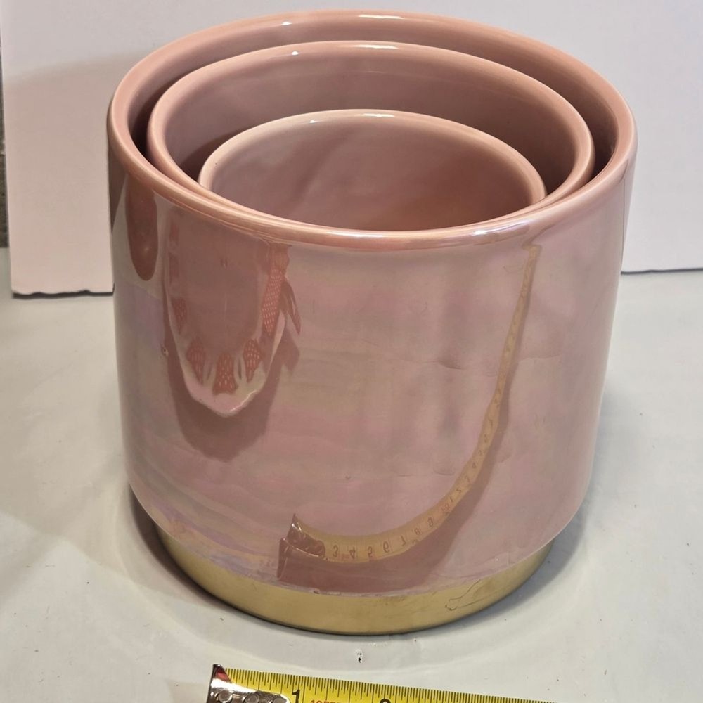 Source Unknown Pink Glazed Ceramic Planter Trio with Gold Accent