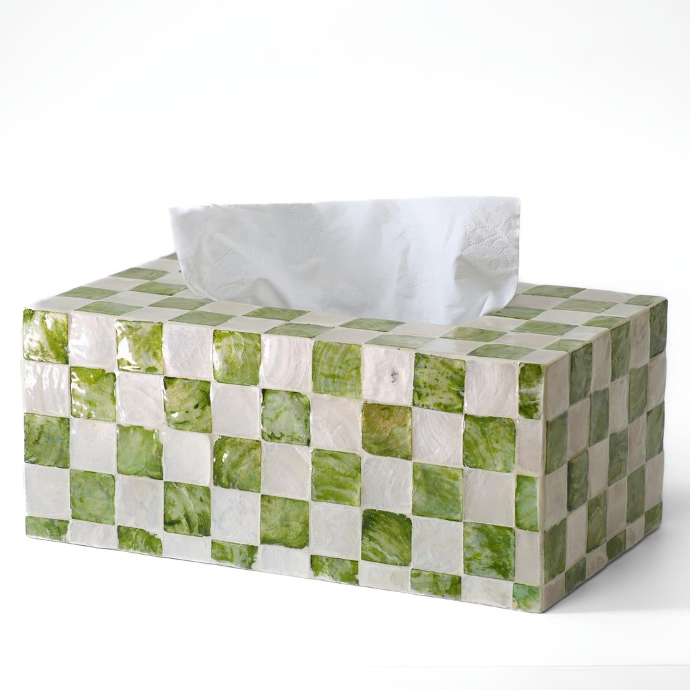 Rectangle Checkered Tissue Box Cover Handmade with Capiz Shells, Decorative T...