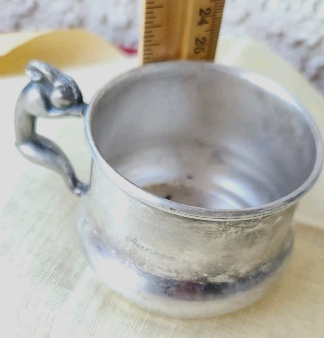 SILVER ON COPPER CHILDS DRINKING CUP W/3 D RABBIT HANDLE MARKS NAME ROXANN