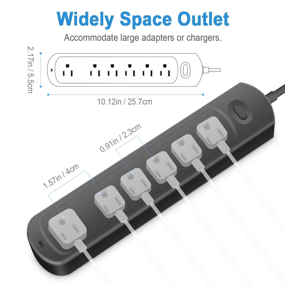 Power Strip Surge Protector Socket, 6 Outlets for Multiple Devices, 10Ft Flat...