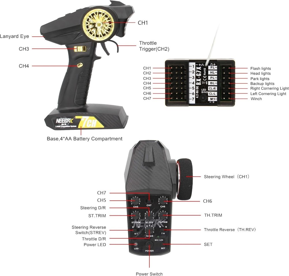 NEEBRC 7 Channels RC Transmitter with Receiver Built-in Light Control System ...