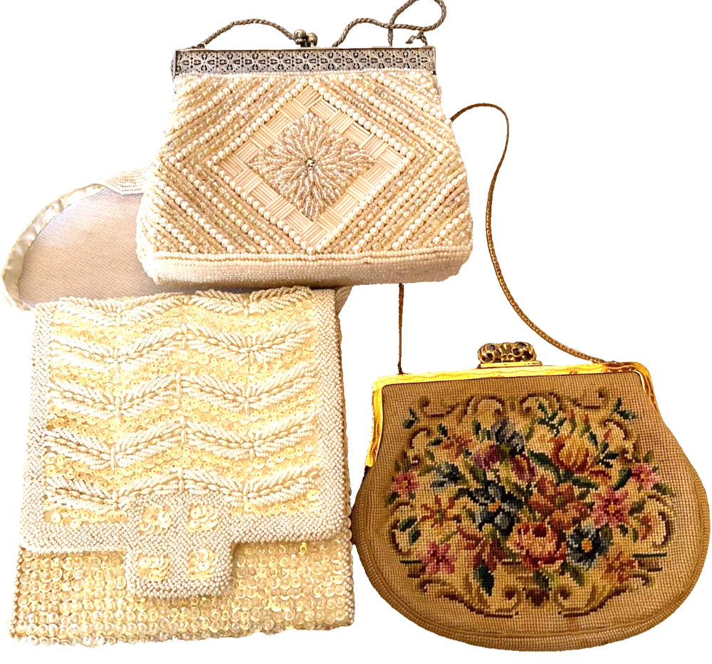 3 Purses; 2 Beaded White Purses W/ Sequin/ 1 Needle- point Tan evening Purse