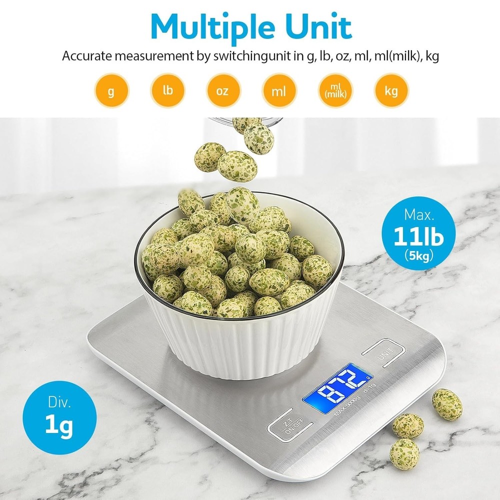 Compact Kitchen Scale - 11lbs Capacity, Stylish Design for Meal Prep & Baking