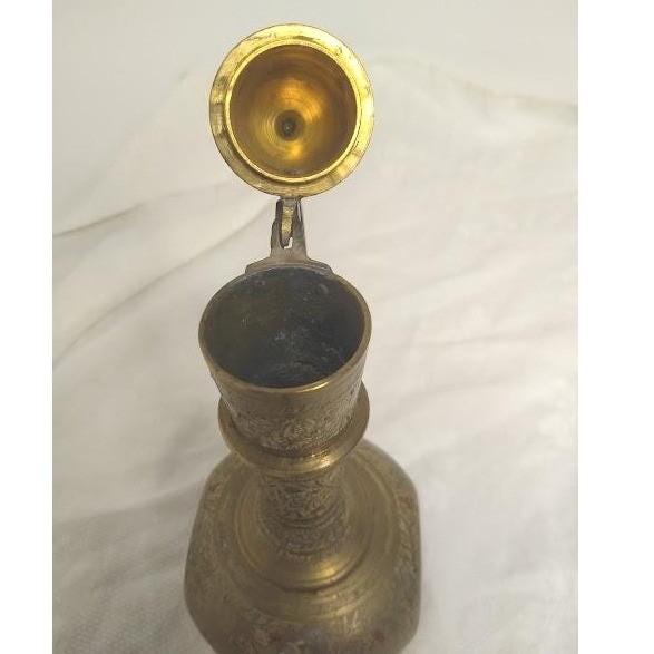 Indian Brass Ewer, Etched Aftaba Pitcher