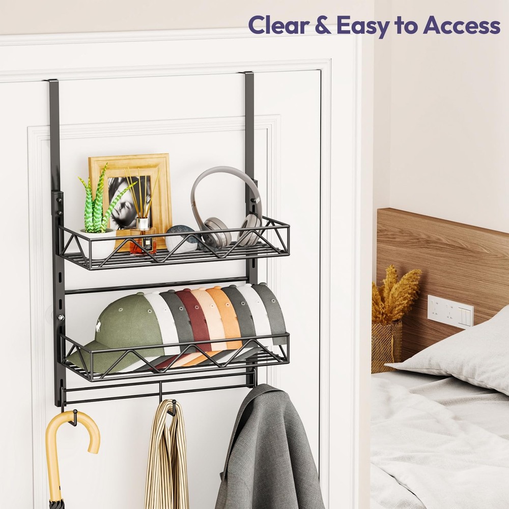 Over Door Hat Organizer - 3 Tier Wall Mounted Hat Rack with 2 Adjustable Meta...