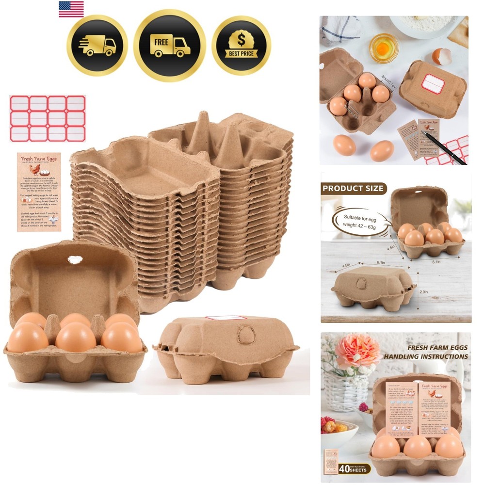 40 Pack Half Dozen Egg Cartons Bulk 6 Count, Empty Natural Paper Pulp Egg Car...