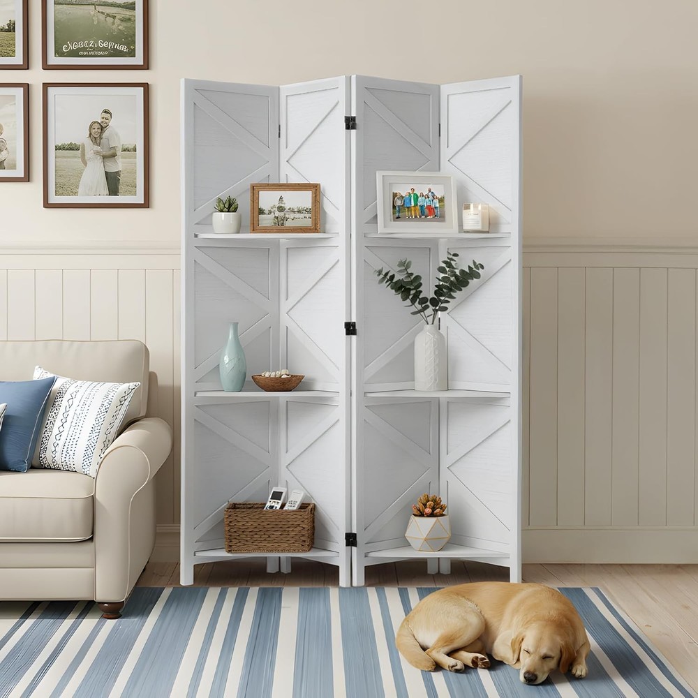 Modern Room Divider with Shelves X-Shape Design Folding Partition 6/4 Panel