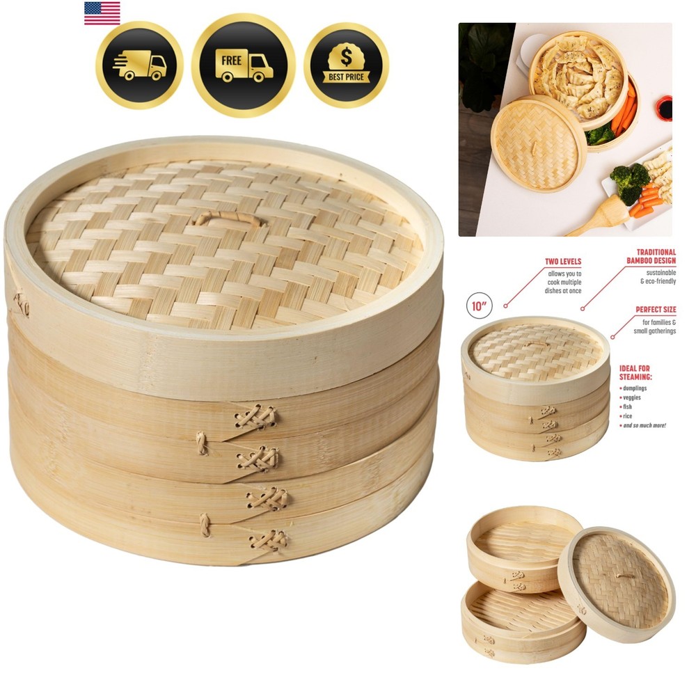 2-Tier Bamboo Steamer Baskets, 10-Inch