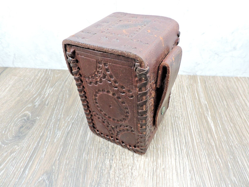Brown Tooled Leather Rectangular Belt Box w/Latch 3"x5"x3"