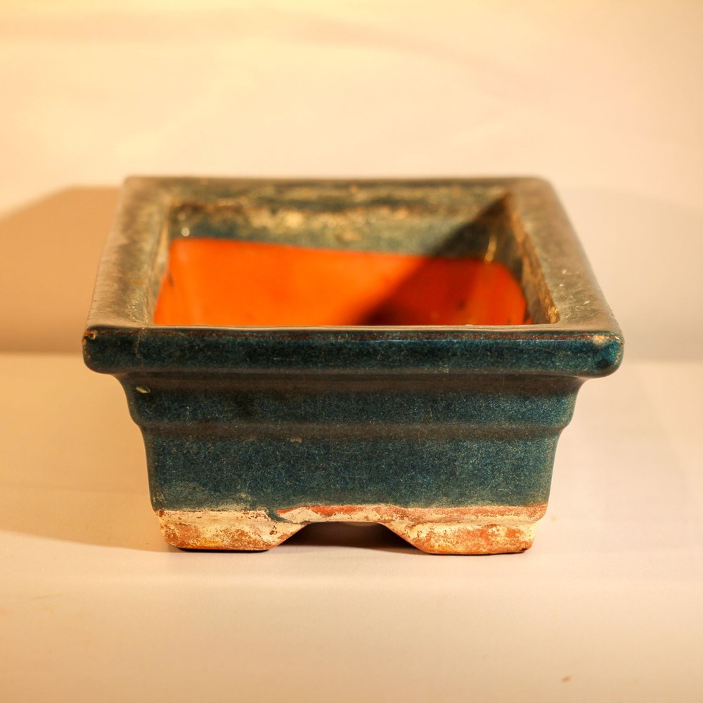 Blue green glazed terracotta shallow rectangular bonsai planter 7 x 5