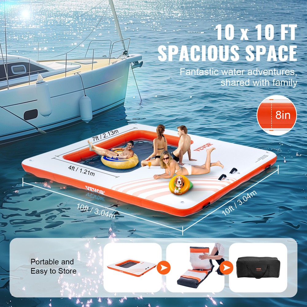 VEVOR Inflatable Floating Dock 10x10FT Water Dock Platform with 4*7FT Mesh Pool