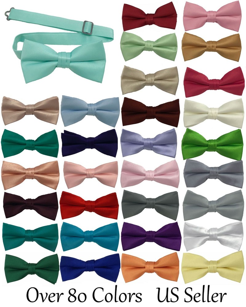 Men's Bow Tie Quality clip on adjustable neck band Satin Solid Pattern Colors