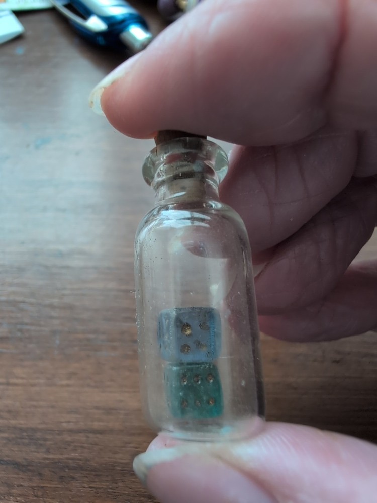 2 Tiny Tiny Bottles With Bird And Dice Inside