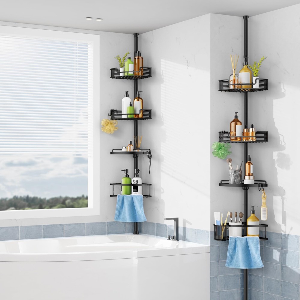 HAMITOR Corner Shower Caddy Tension Pole Quick Installation 4-Tier Rustproof ...