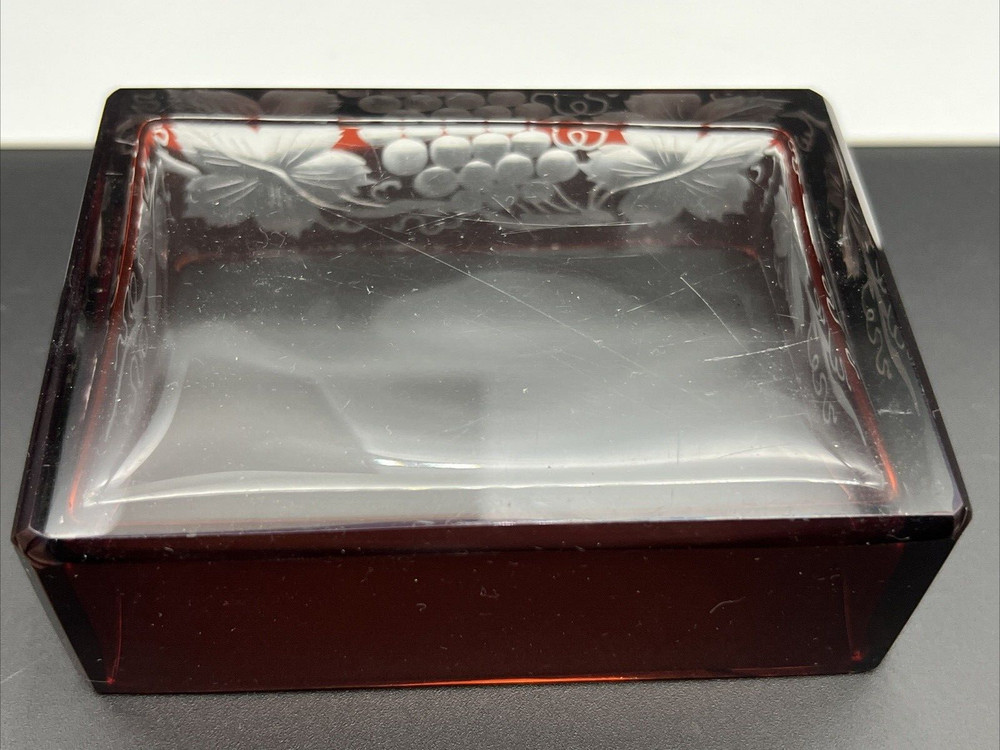 Vintage Ruby Stained Cut Glass Engraved Grape Vine Lidded Glass Cigarette Box