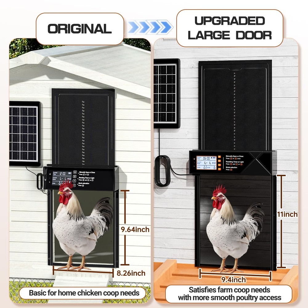 Automatic Solar Powered XL Chicken Coop Door - 4 Modes, Timer, Light Sensor, Rem