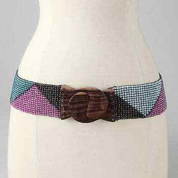 Hand loomed glass bead belt wood scroll triangles