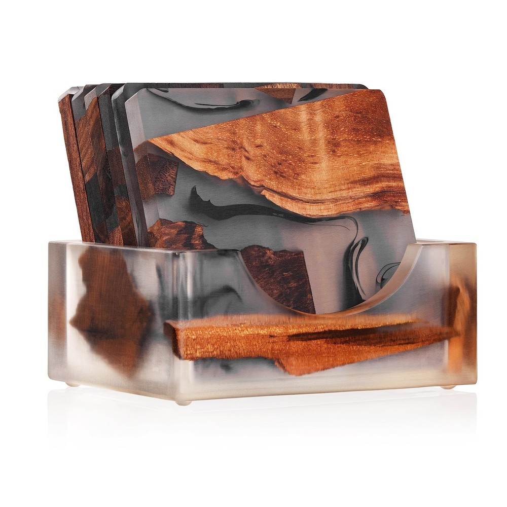 Walnut Coasters Set, Modern Coasters with Holder Square