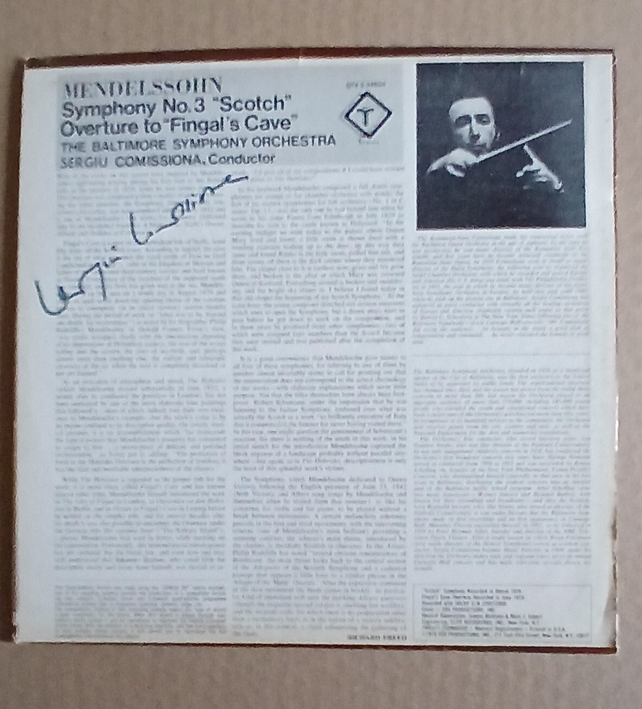 SERGIU COMISSIONA - SIGNED - MENDELSSOHN BSO SYMPHONY No. 3 VINYL RECORD