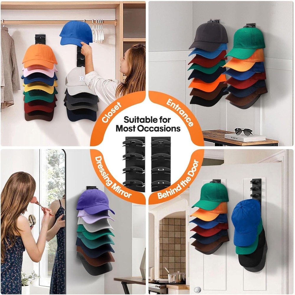 2 Pack Hat Organizer for Wall Adhesive Baseball Cap Rack Holds 16 Hats
