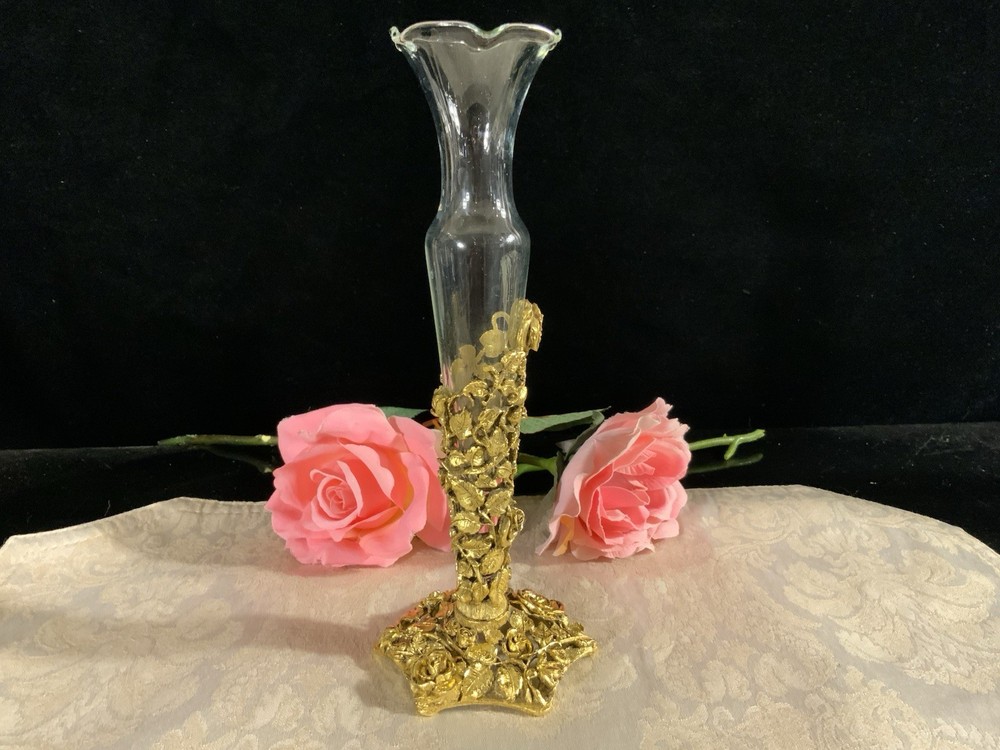Vintage Matson Rose Ormolu Hollywood Regency Bud Vase 8 1/2"
