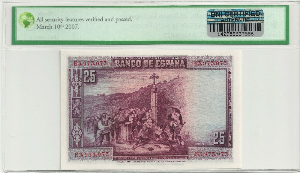 SPAIN 25 PESETAS 1928 P 74b UNC AUTHENTICATED