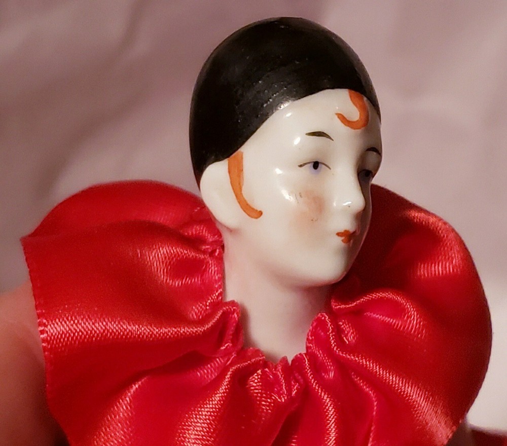 German Porcelain Half Doll Red & White Diamond Patterned Dress
