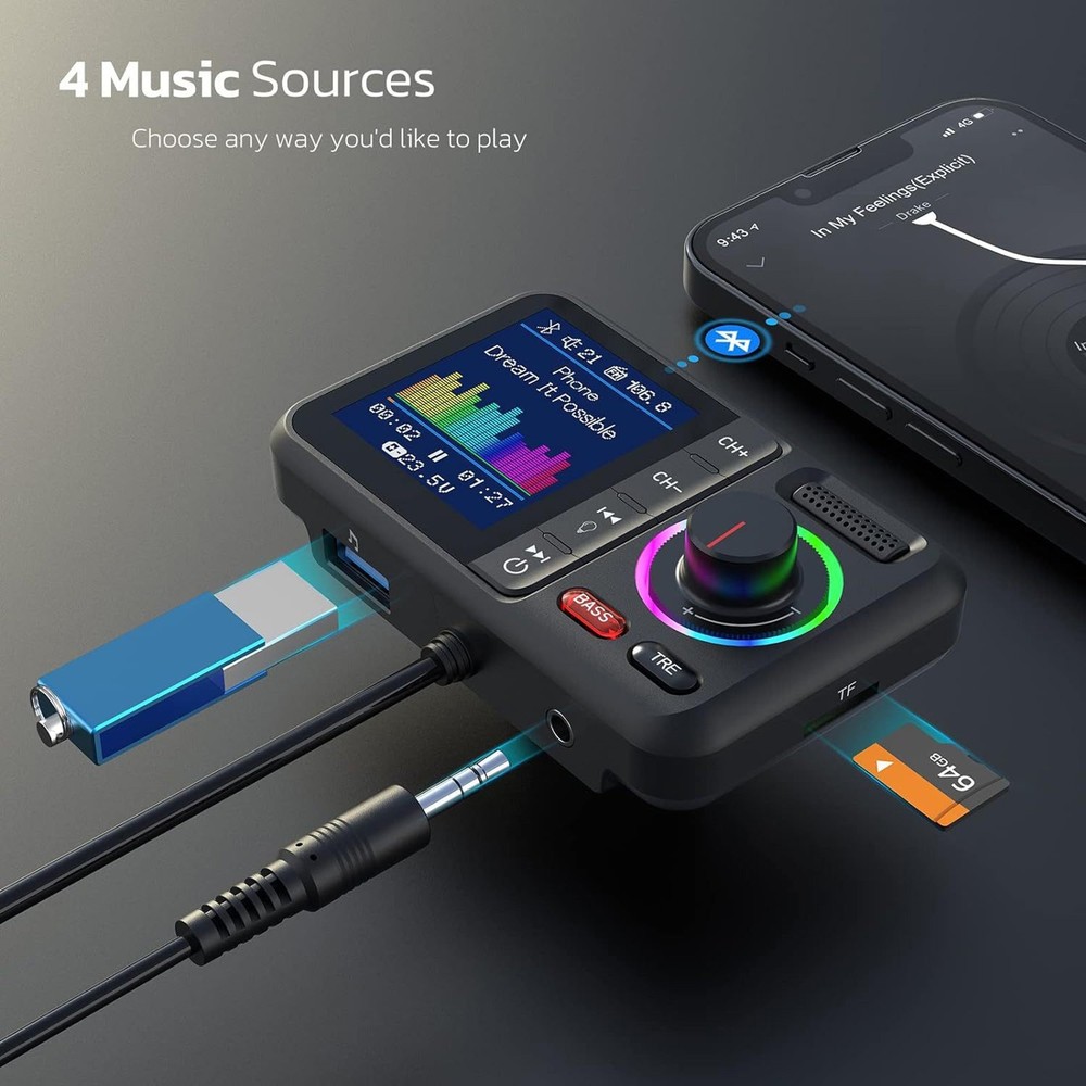 1pc Bluetooth 5.0 Car Wireless FM Transmitter Adapter 2USB PD Charger AUX