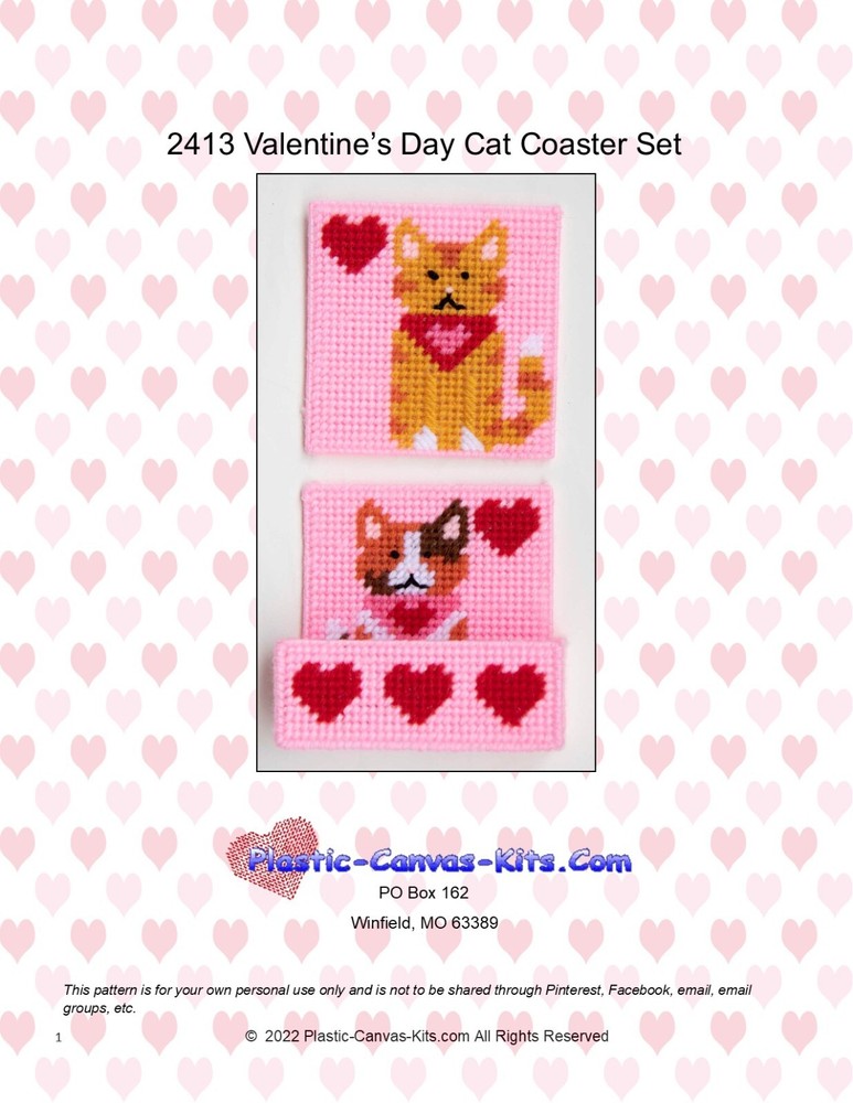 Valentine's Day Cats Coasters-Plastic Canvas Pattern or Kit