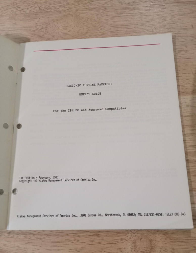 Niakwa BASIC-2C Runtime Package User's Guide 1st Edition 1985 for IBM PC