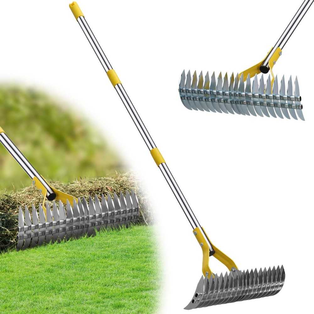 Garden Leaf Rake: Dual Function Thatching Rake for Lawn Dead Grass Silver