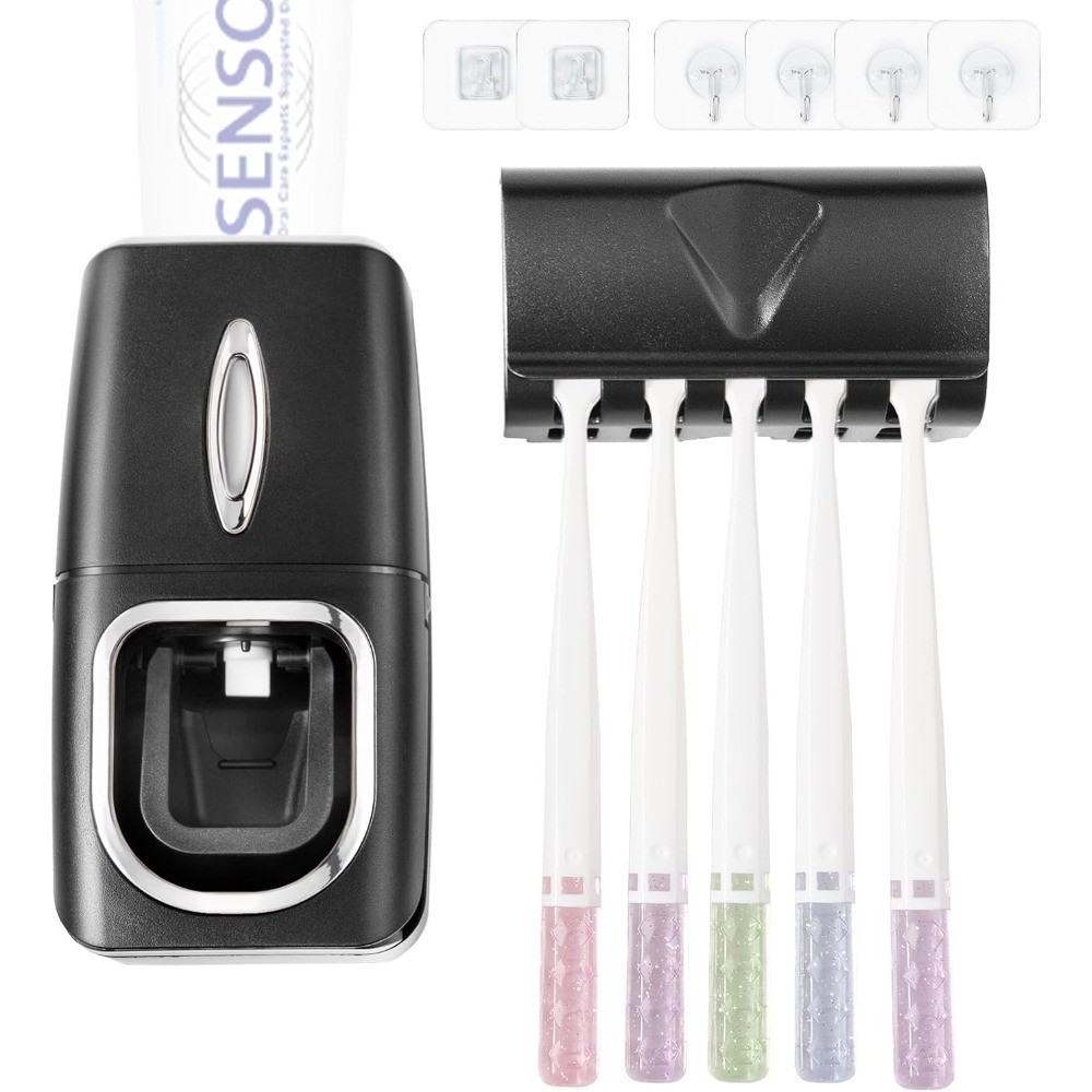 Automatic Toothpaste Dispenser and Toothbrush Holder Set Wall Mounted Squeezer