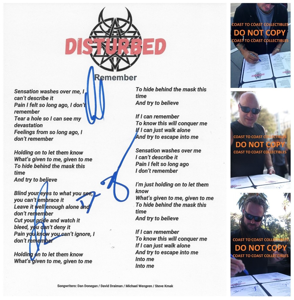 Disturbed Band Signed Remember Lyrics Sheet COA Exact Proof Autographed