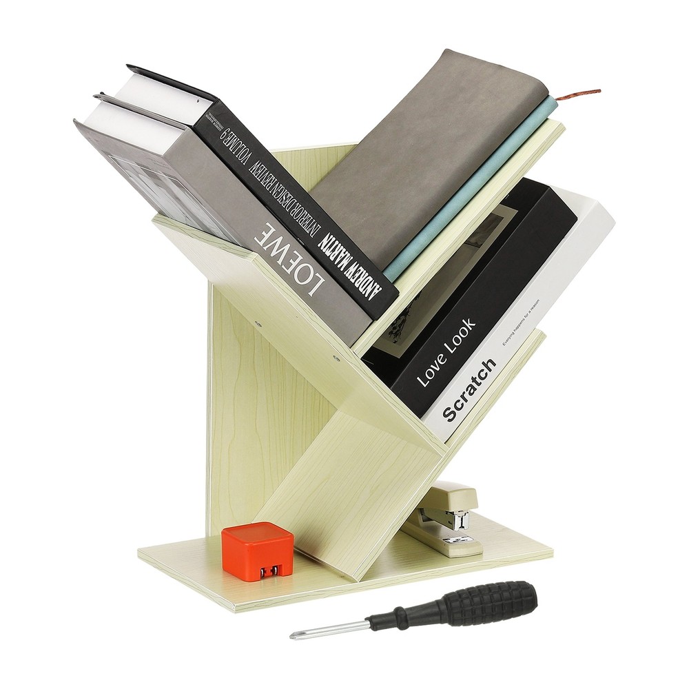 3 Tier Small Tree Bookshelf, Mini Short Desktop Bookshelf, White Maple