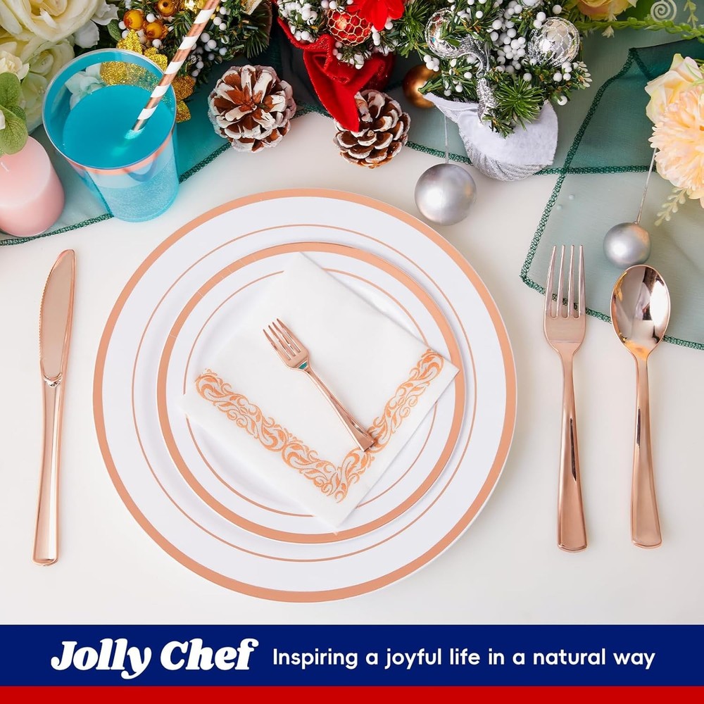 250 Count Rose Gold Disposable Plastic Dinnerware Set 50 Rose Gold Plastic