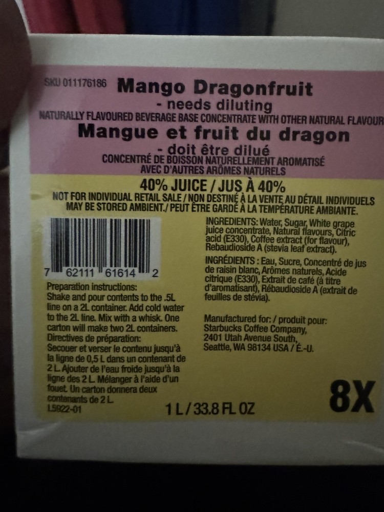 Discounted Starbucks Mango Dragonfruit Refresher Base 8X Concentrate BB 7/26