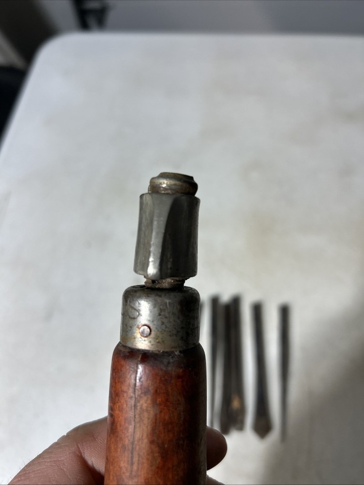 Vintage Wood Handle Screwdriver/Multi Tool With Bit Storage 7 Bits Marked