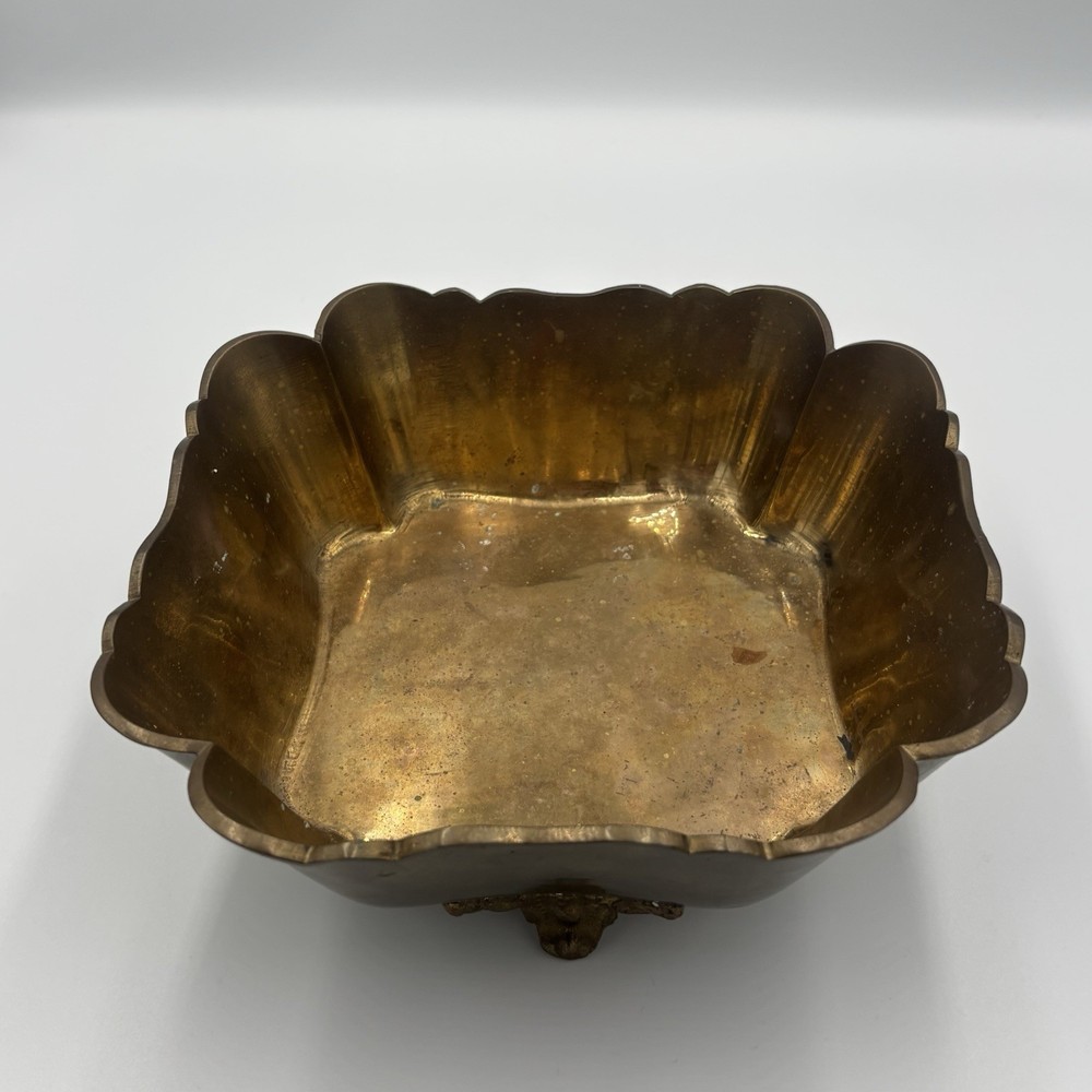 Vintage Art Deco Ornate Footed Solid Yellow Brass Square Ruffled Bowl