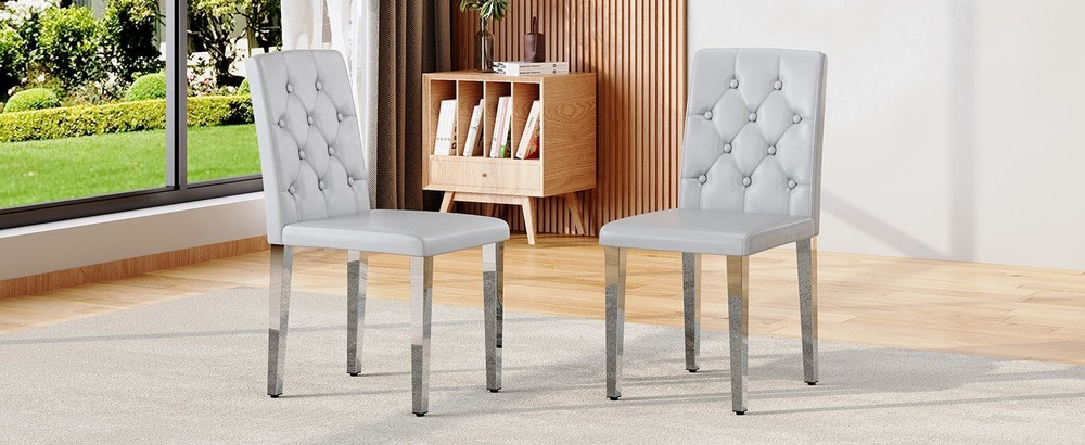 2-piece set of light grey PU dining chairs: ergonomically designed buckle back