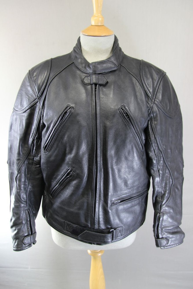 CLASSIC RIDER BLACK LEATHER BIKER JACKET WITH REMOVABLE BACK PROTECTOR: SIZE 16