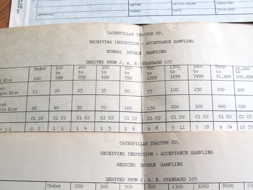 1940'S CATERPILLAR TRACTOR CO MATERIAL INSPECTION GUIDE FORM LOT