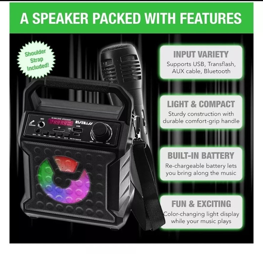 Portable Bluetooth Speaker Karaoke Machine System +Microphone Party Light /Strap