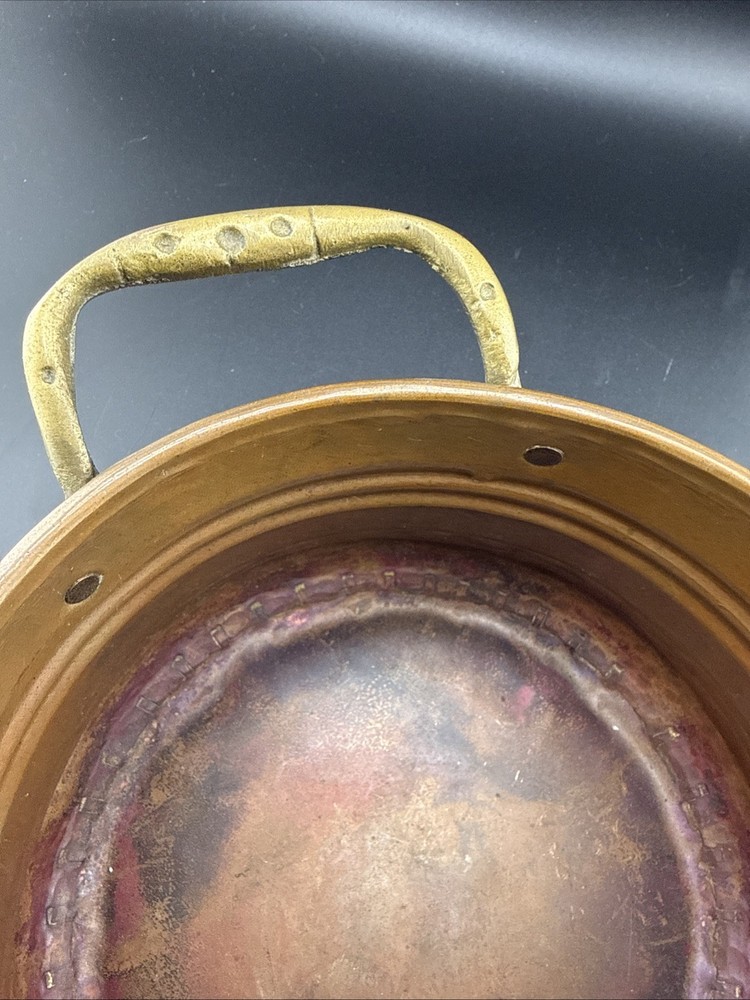 Vintage Solid Copper Cachepot Planter Bowl Brass Handles 7”x4” Rustic Farmhouse