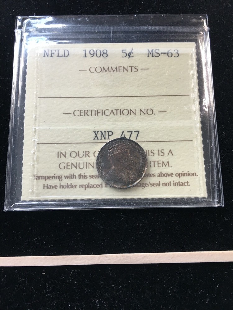 1908   ICCS Graded Newfoundland,  ¢5 Cent, **MS-63**