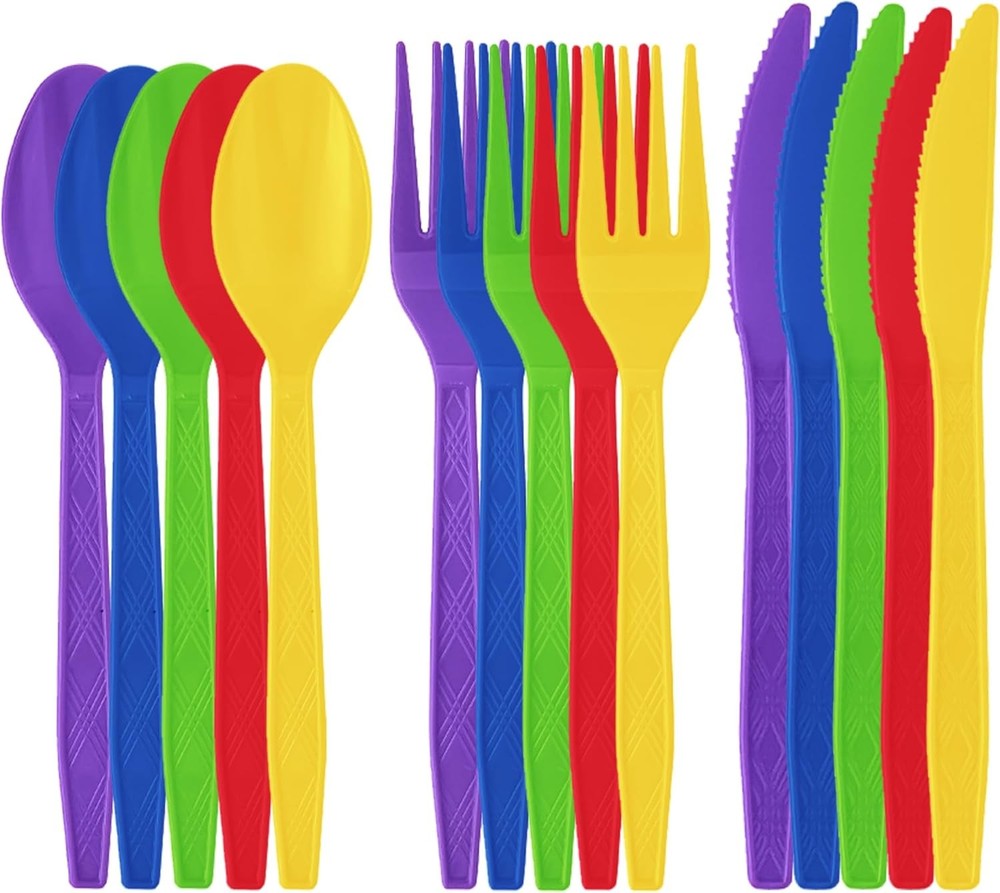 Disposable Rainbow Plastic Sierware Set | Neon Cutlery, Fork, Knife And
