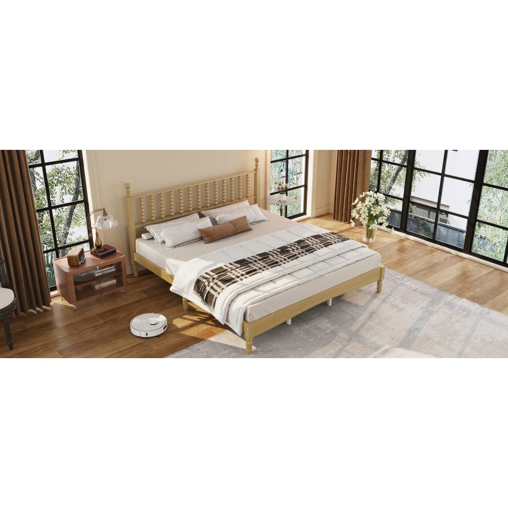 King Platform Bed Retro Frame With Gourd Headboard No Box Spring