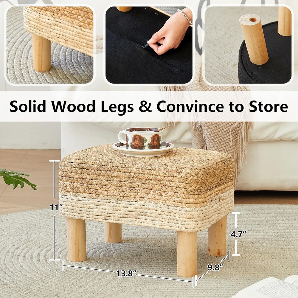 Rectangular Footstool Seagrass Footstool, Hand-Woven Dressing Stool, White